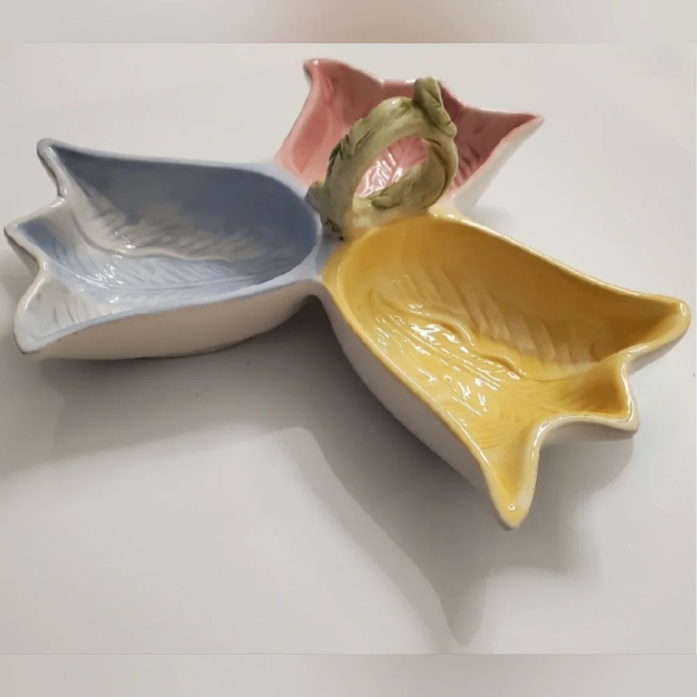 🌷3 Part🌷Pink🌷Yellow🌷Blue Tulips 🌷 Green Handle Glazed Ceramic Serving Dish - Picture 6 of 6